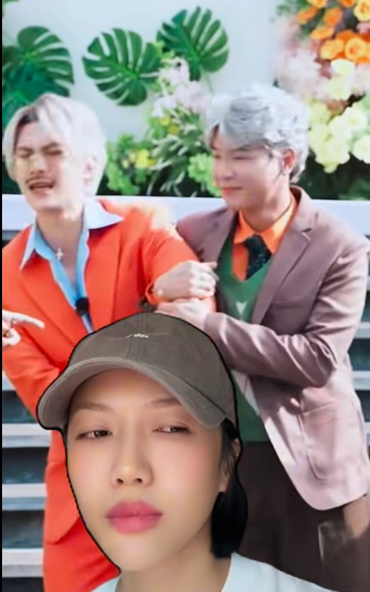 Biểu cảm của Diệu Nhi khi chứng kiến ông xã Anh Tú thân mật với Quân A.P trong chương trình truyền hình.