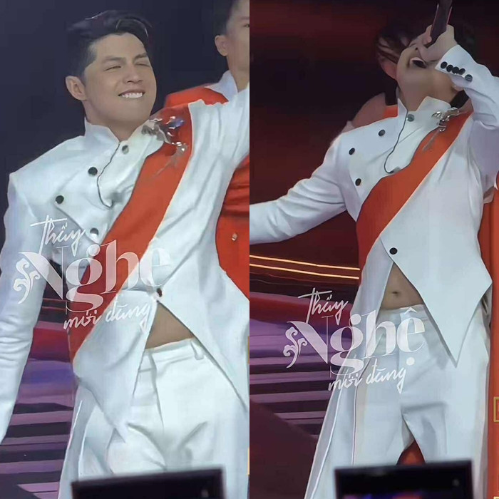 Khoảnh khắc Noo Phước Thịnh vô tình lộ 'bé mỡ' khi diễn cực sung trên sân khấu khiến nhiều netizen bàn luận. (Ảnh chụp màn hình từ TikTok Thấy nghệ mới đăng)