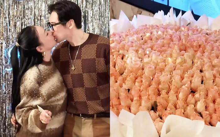 Nữ diễn viên thoải mái trao chồng nụ hôn ngọt ngào, cô còn được bạn bè tặng một bó hoa hồng lớn. Ảnh chụp màn hình