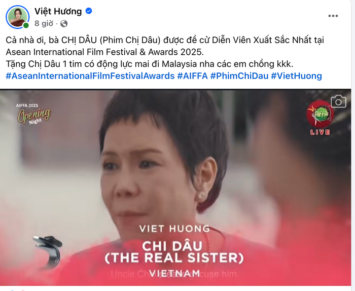 Chia sẻ của Việt Hương về việc bản thân được đề cử ở một hạng mục giải thưởng. 