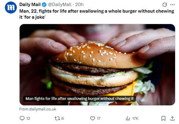 Nuốt trọn chiếc bánh hamburger trong lúc giỡn với bạn bè, chàng trai 22 tuổi gặp nguy kịch Ảnh 1