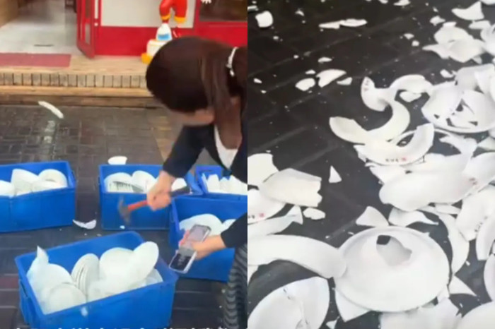 Quản lý nhà hàng cho biết để xoa dịu lo ngại của khách hàng, tất cả đĩa đã bị đập vỡ và thay thế bằng đồ dùng dùng một lần. (Ảnh/Lấy từ Weibo)