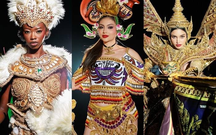 Dàn thí sinh diện trang phục dân tộc trên sân khấu Miss Universe 2025. (Ảnh MU)