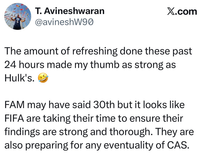 Theo nhà báo thể thao Malaysia T. Avineshwaran, quyết định của FIFA chẳng khác gì sự bình yên trước cơn bão của bóng đá Malaysia. Ảnh chụp màn hình