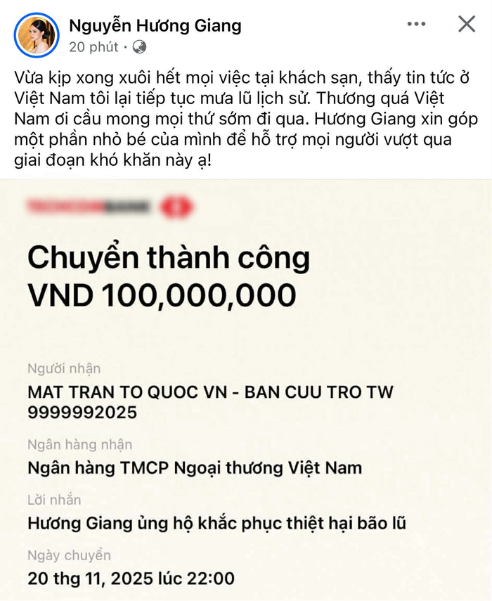 Số tiền 100 triệu của Hương Giang trước thềm chung kết Miss Universe 2025 gây chú ý (Ảnh: Chụp màn hình).