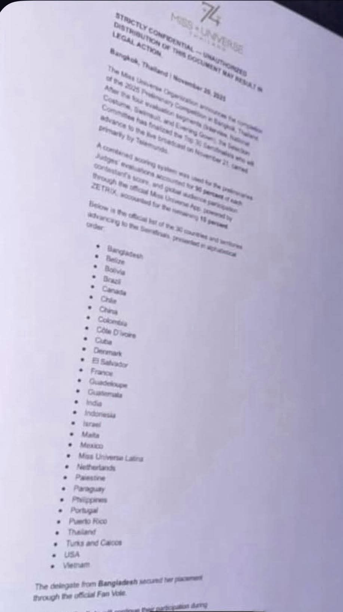 Danh sách đang bị rò rỉ trên mạng xã hội được cho là top 30 chung cuộc của Miss Universe 2025. Đại diện Việt Nam - Hương Giang nằm ở vị trí cuối cùng trong danh sách này. 