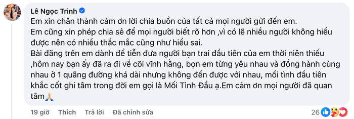 Chia sẻ thêm của diễn viên Ngọc Trinh về thông tin bạn trai cũ qua đời. (Ảnh chụp màn hình FBNV)