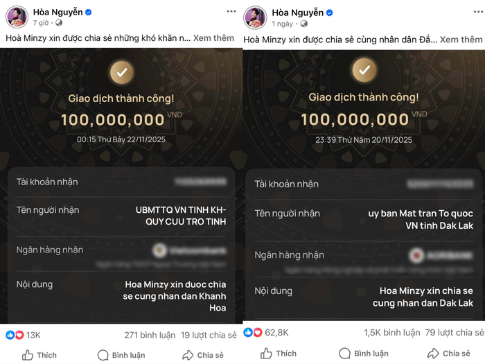 Hòa Minzy đã ủng hộ 200 triệu đồng cho người dân tỉnh Đắk Lắk và Khánh Hoà (Ảnh: Chụp màn hình).