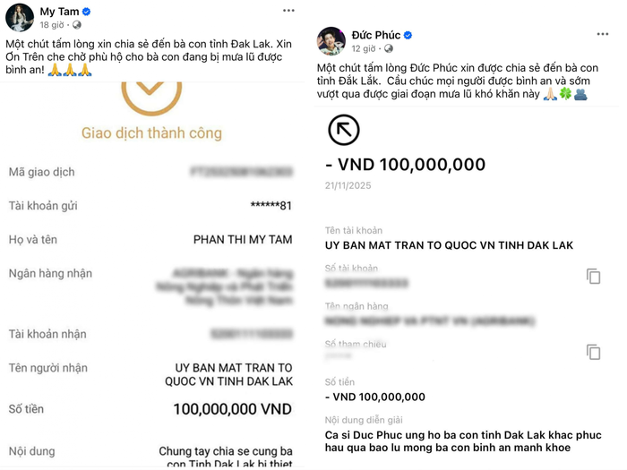 Mỹ Tâm và Đức Phúc đã ủng hộ người dân tỉnh Đắk Lắk (Ảnh: Chụp màn hình).