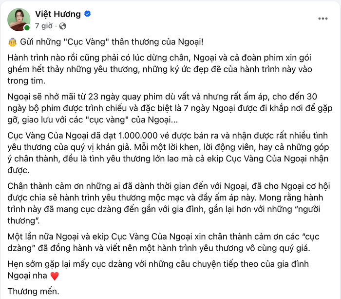Bài đăng thông báo dừng chân của Việt Hương mới đây. 