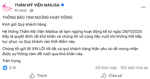 Thẩm mỹ viện Mailisa thông báo ngừng hoạt động