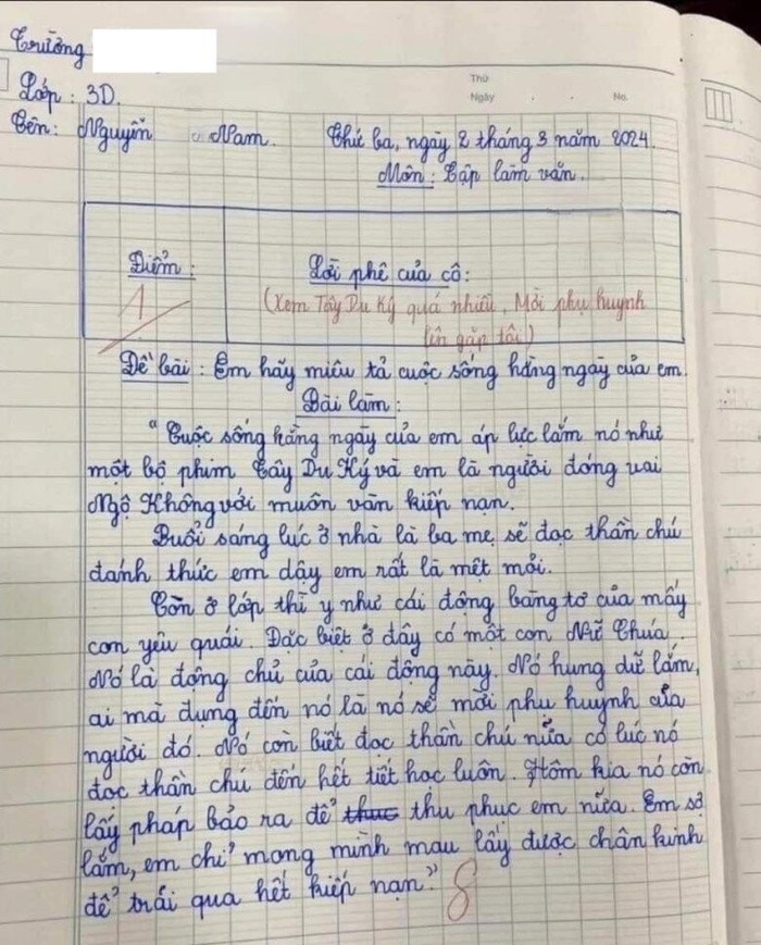 Bài văn của học trò lớp 3 đạt 1 điểm, còn bị mời phụ huynh lên gặp giáo viên.