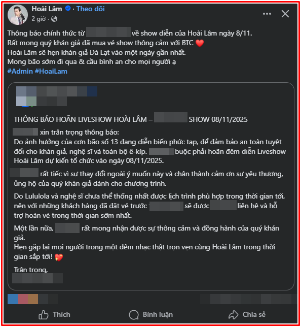 Ca sĩ Hoài Lâm báo tin buồn Ảnh 2