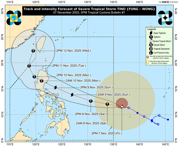 Bão Phượng Hoàng có thể đổ bộ Philippines vào đêm 9/11, rạng sáng 10/11. Ảnh: PAGASA 