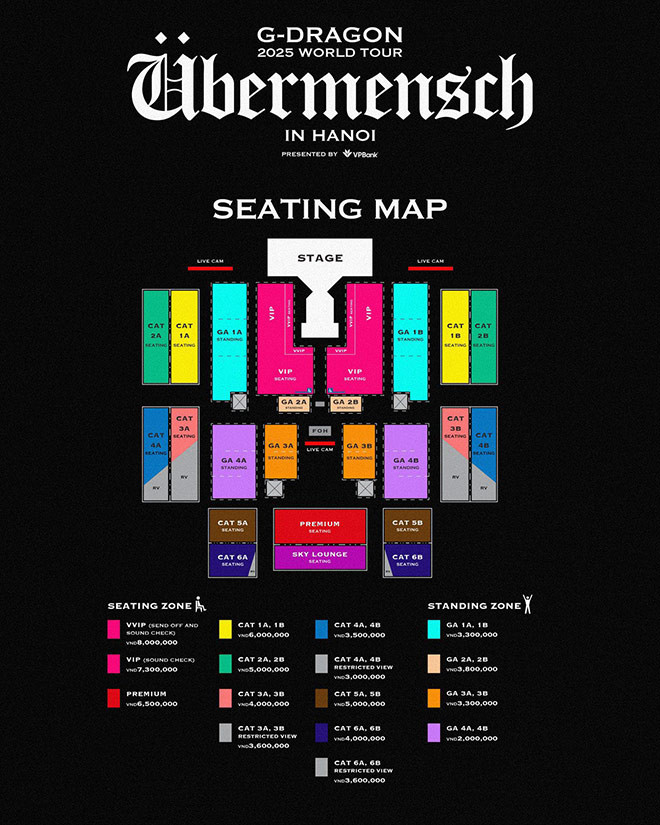 Sơ đồ vé, giá vé trong hai đêm nhạc của G-Dragon tại Hà Nội. Ảnh: Ban tổ chức