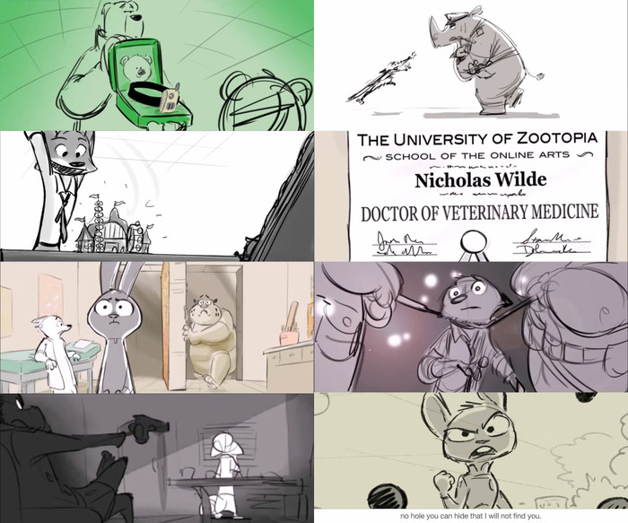 Một số hình ảnh tiết lộ quá trình lên ý tưởng ban đầu cho thế giới Zootopia, tuy nhiên kịch bản này đã bị bác bỏ (Ảnh: Disney).