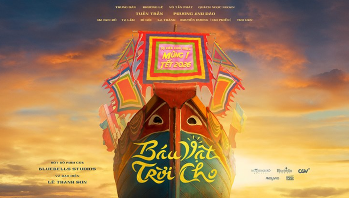 Poster rực rỡ với hình ảnh con thuyền hướng thẳng về phía người xem gợi cảm giác tươi vui, sum vầy đặc trưng của Tết Việt