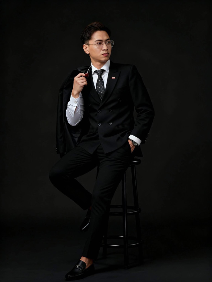 Anh thường phối cùng cà vạt đen họa tiết chấm bi nhỏ hoặc fleur-de-lis tinh tế, kính gọng kim loại mỏng không viền, đồng hồ dress watch mặt trắng dây da hoặc kim loại, cùng nhẫn bạc đơn giản là các phụ kiện xuất hiện xuyên suốt. Thỉnh thoảng anh dùng thêm tẩu thuốc gỗ làm đạo cụ chụp hình để tăng tính cổ điển. Ảnh: FBNV