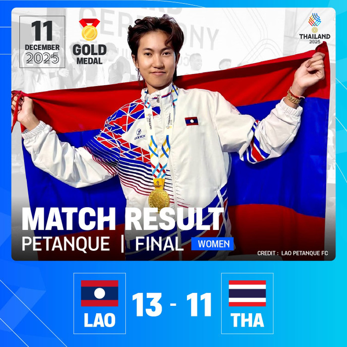 Bovilak đã xuất sắc mang về tấm HCV đầu tiên cho Lào tại SEA Games 33 và cô ăn mừng đầy xúc động. Ảnh: SEA Games 33