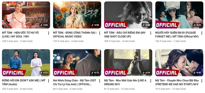 Kênh YouTube của Mỹ Tâm sở hữu lượt xem 'khủng'. Ảnh chụp màn hình