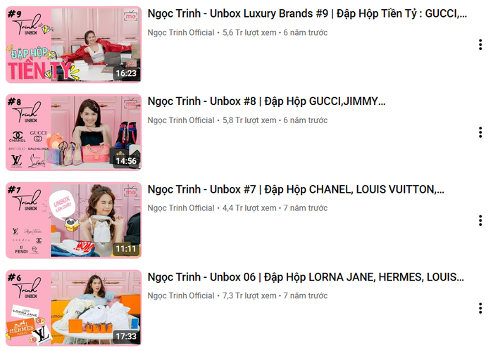 Các video trên kênh YouTube của Ngọc trinh sở hữu lượng xem 'khủng'. Ảnh chụp màn hình