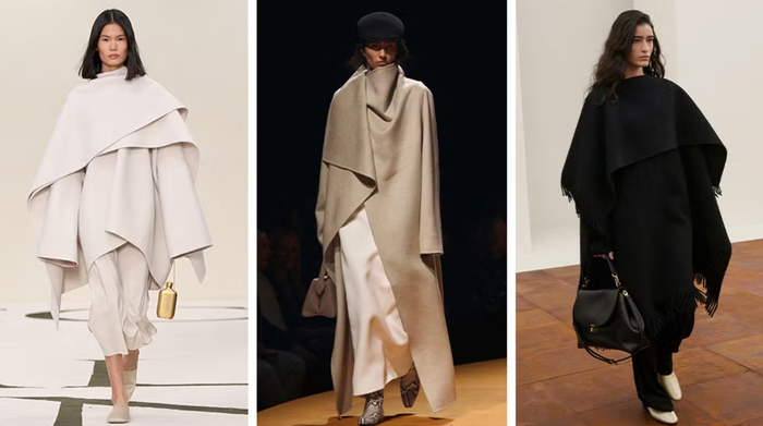 Áo khoác khăn choàng là item không thể thiếu trong tủ đồ mùa đông. Mùa này, Khaite, Calvin Klein và Altuzarra đều giới thiệu những phiên bản mới, mỗi thiết kế được trau chuốt tỉ mỉ với các chi tiết như tua rua và đường xếp ly phóng khoáng, mang đến vẻ ngoài vừa thanh lịch vừa bay bổng cho người mặc. Ảnh: Harpers Bazaar
