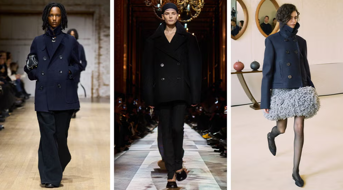 Áo khoác peacoat là món đồ kinh điển, vượt thời gian. Trên sàn diễn của Altuzarra, Dries Van Noten và Coach, nhiều biến tấu cổ điển của kiểu áo này vẫn được các nhà mốt lăng xê mạnh mẽ. Màu xanh navy hay đen vẫn là lựa chọn hàng đầu để tạo cảm giác phong cách thu đông. Bạn cũng có thể thử nghiệm phối đồ cùng chân váy len có kết cấu đặc biệt hoặc quần ống rộng, phồng để tạo nét mới mẻ cho trang phục mùa lạnh. Ảnh: Harpers Bazaar