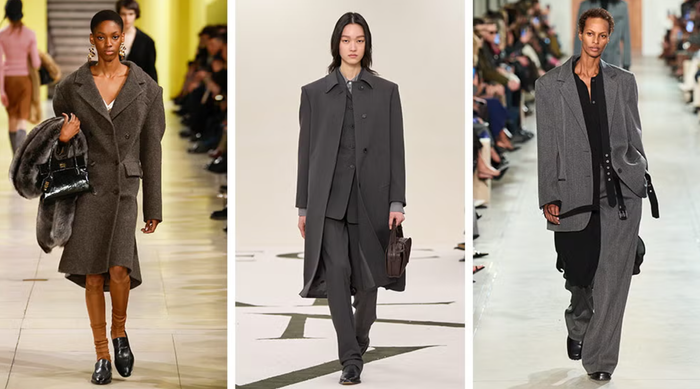 Gần đây, thuật ngữ groutfit chỉ những set đồ toàn tông xám đang được giới thời trang chú ý. Trên sàn diễn của Calvin Klein, Michael Kors và Miu Miu, những bộ trang phục xám đơn sắc tinh tế đã xuất hiện nổi bật, đồng thời được các sao như Kendall Jenner và Zoë Kravitz lăng xê trên thảm đỏ. Bí quyết để mặc đẹp là bắt đầu với áo khoác ngoài ấm áp, bắt đầu với áo khoác ngoài tông xám than, kết hợp áo len cashmere và chân váy wool, tạo tổng thể thanh lịch, hiện đại cho mùa đông. Ảnh: Harpers Bazaar