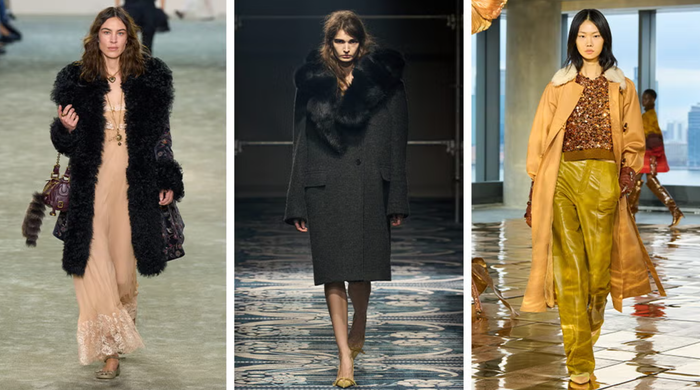 Áo khoác viền lông xuất hiện dày đặc trên sàn diễn mùa này, từ Chloé, Prada đến Ulla Johnson. Dù bạn chọn phong cách công sở thanh lịch với áo khoác double-breasted viền lông giả hay thử nghiệm kết hợp chất liệu như cổ áo lông cừu trên áo khoác da, những item này không chỉ tạo điểm nhấn thời trang nổi bật mà còn giữ ấm và mang đến vẻ ngoài chỉn chu chỉ trong nháy mắt. Ảnh: Harpers Bazaar