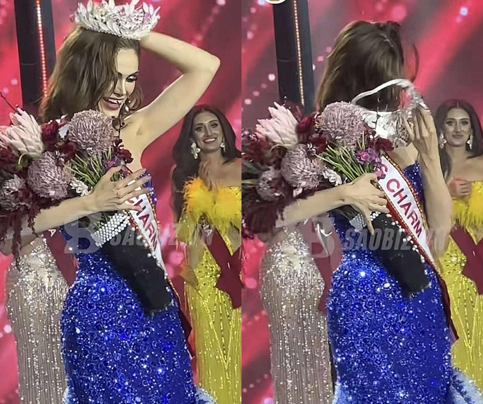 Tân Hoa hậu làm rớt vương miện ngay khi vừa đăng quang khiến nhiều khán giả quan tâm. (Ảnh từ TikTok Saobiz)