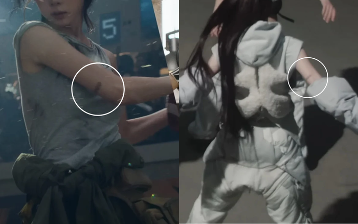 Winter bị lộ hình xăm đôi với Jungkook khi quay MV cùng các thành viên trong nhóm aespa. Ảnh chụp màn hình