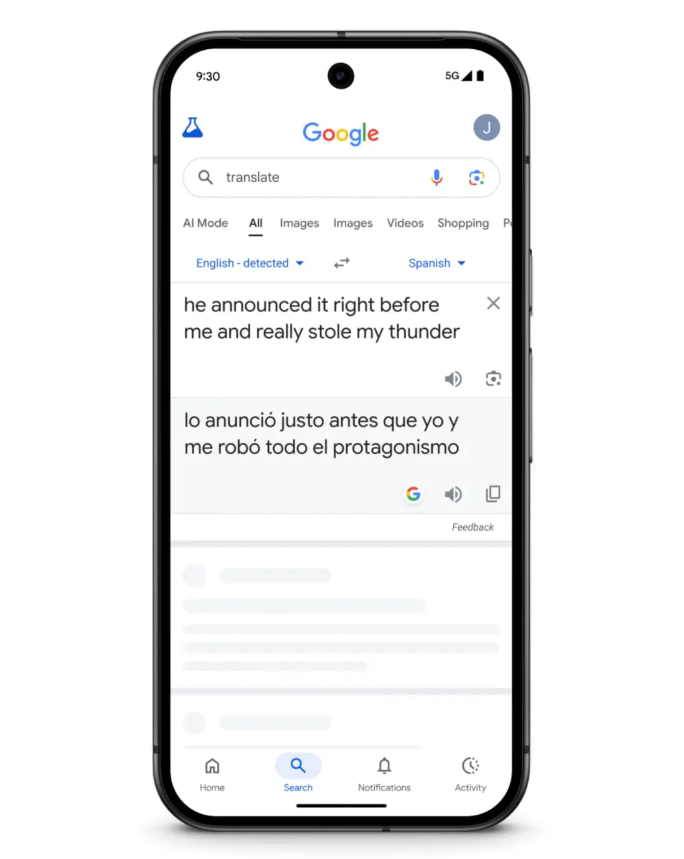 Tính năng này bắt đầu được triển khai từ 12/12 trên ứng dụng Translate dành cho Android và iOS, cũng như trên trang web và Google Search. Ảnh: 9to5google