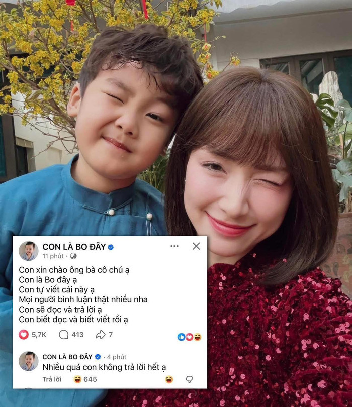 Hòa Minzy cho con trai 6 tuổi tự tay đăng bài đầu tiên lên fanpage có 1,8 triệu lượt theo dõi. Tuy nhiên, chỉ sau thời gian ngắn, nữ ca sĩ lấy lại quyền quản lý trang vì muốn con tập trung việc học. (Ảnh chụp màn hình)