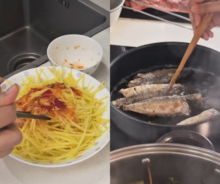 Cá chiên giòn, ăn kèm xoài trộn nước mắm có vị chua, mằn mặn cực kỳ bắt cơm. (Ảnh FBNV)