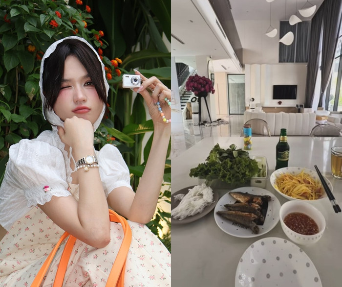 Ngọc Trinh chia sẻ món đặc sản miền Tây gồm cá chiên, ăn kèm xoài bào trộn nước mắm giữa biệt thự 50 tỷ. (Ảnh FBNV)