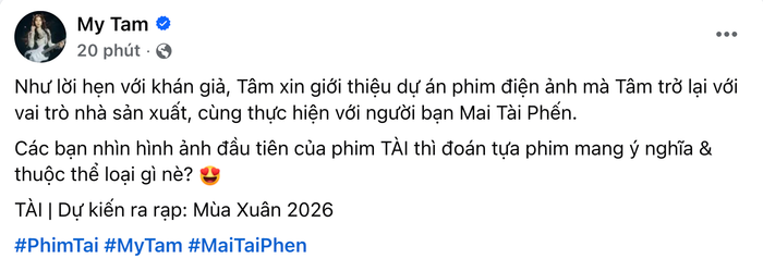 Chia sẻ mới nhất của Mỹ Tâm sau khi công bố 'con cưng' là phim điện ảnh Tài, do Mai Tài Phến cầm trịch.&nbsp;