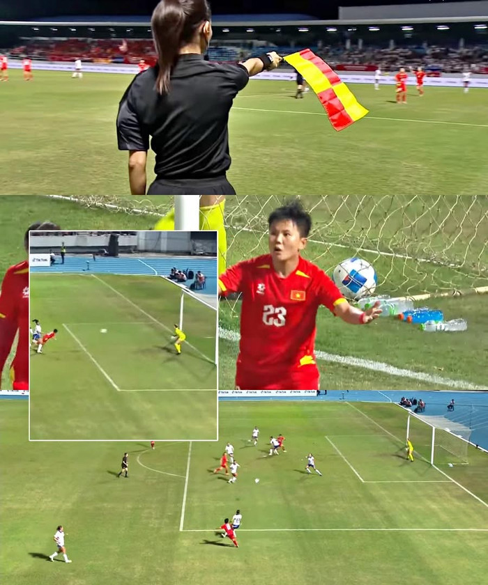 Bàn thắng hợp lệ của tuyển nữ Việt Nam bị trọng tài Lào từ chối.