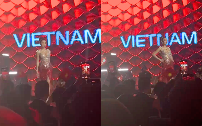 Phương Linh suýt bị vấp ngã khi thi bán kết Miss Cosmo. Ảnh chụp màn hình