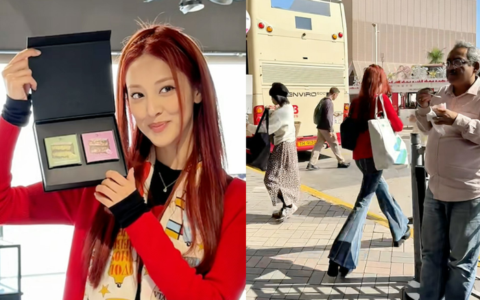 Hoa hậu Trần Khải Lâm ăn diện trẻ trung, vui vẻ bán socola. Ảnh chụp màn hình