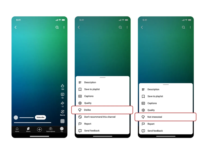 Google đang thử nghiệm thay đổi vị trí và cách đặt tên nút 'dislike' trên YouTube Shorts nhằm cải thiện trải nghiệm người dùng. Ảnh: 9to5google