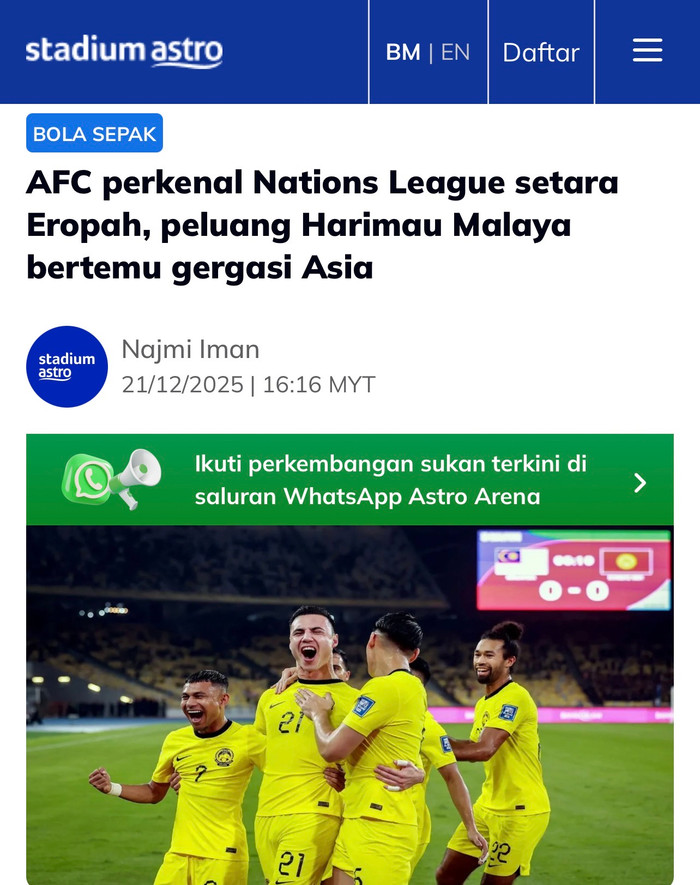 Truyền thông Malaysia bất ngờ thông tin “cơ hội lớn cho Malaysia khi AFC chuẩn bị giới thiệu Nations League châu Á”. Ảnh chụp màn hình
