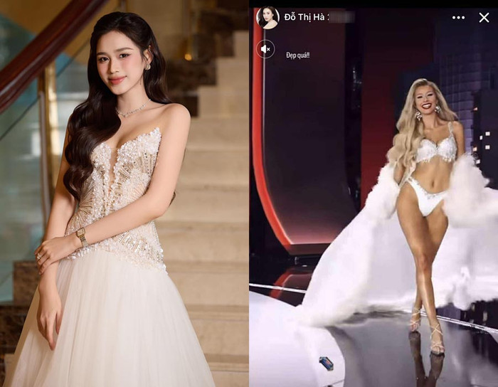 Đỗ Thị Hà tấm tắc trước phần trình diễn áo tắm của người đẹp đến từ Mỹ, cũng là tân Hoa hậu của Miss Cosmo 2025.