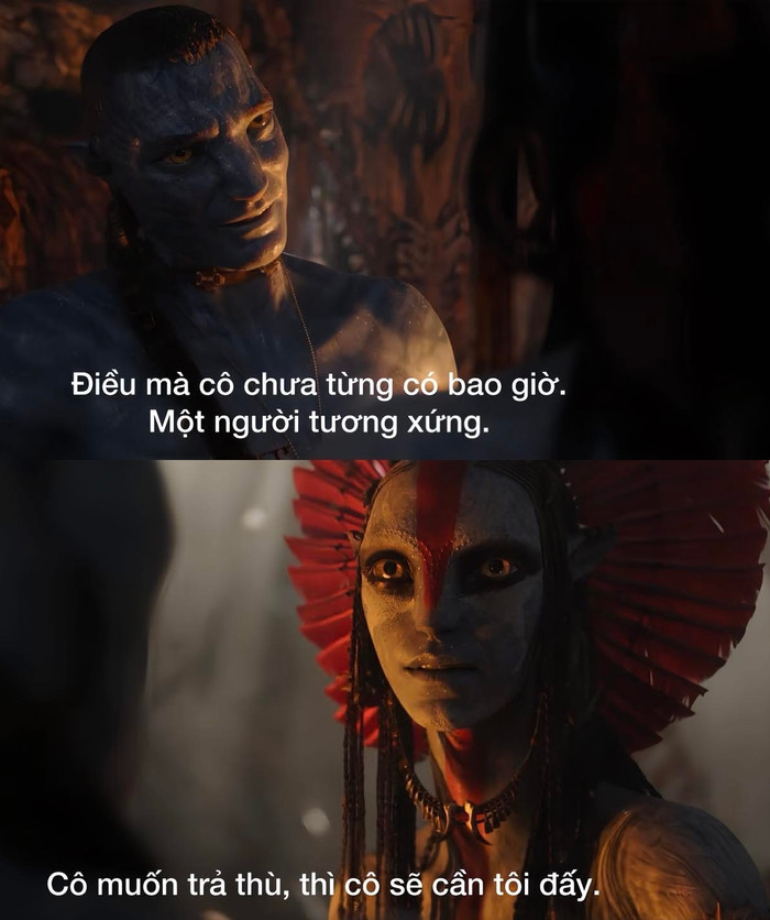 Phân cảnh thân mật giữa hai nhân vật phản diện then chốt: Nữ hoàng tộc Tro tàn Varang và Đại tá Miles Quaritch có vai trò quan trọng với cốt truyện (Ảnh: NSX).