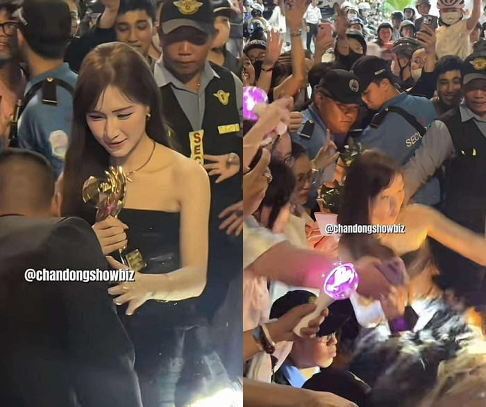 Sau sự cố, nữ ca sĩ nhanh chóng lấy lại bình tĩnh và thân thiện giao lưu cùng khán giả. (Ảnh từ TikTok Chấn động showbiz)&nbsp;
