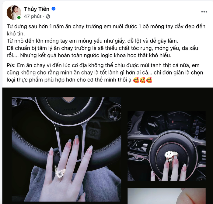 Bài đăng của ca sĩ Thủy Tiên tiết lộ chuyện bản thân đã chuyển sang ăn chay trường hơn 1 năm qua.