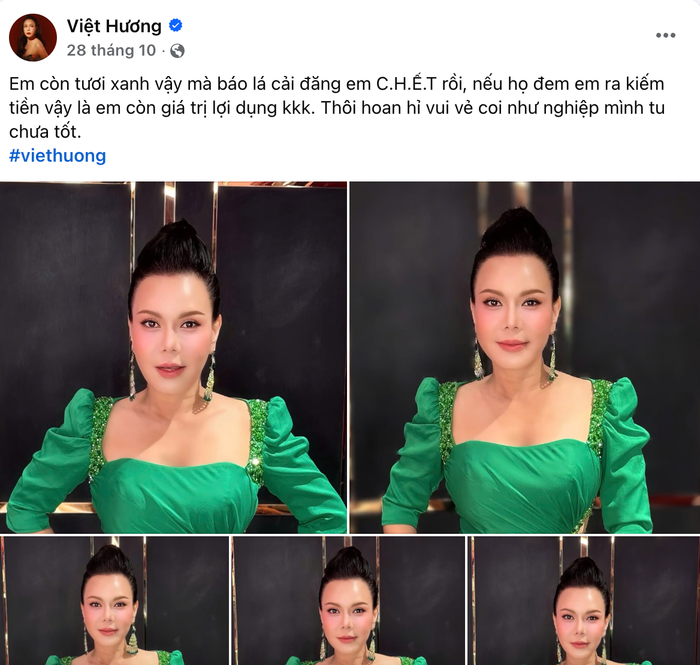 Bài đăng đính chính tin đồn thất thiệt của Việt Hương hồi tháng 10 năm nay.