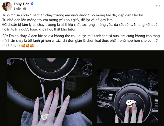 Bài chia sẻ của ca sĩ Thủy Tiên về hành trình ăn chay. Ảnh chụp màn hình