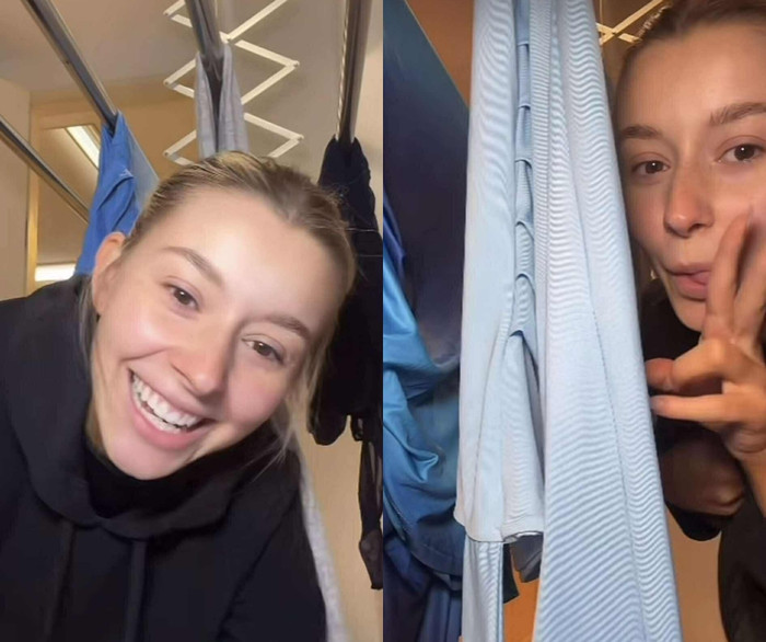 Tân hoa hậu Miss Cosmo vừa phơi quần áo vừa livestream trò chuyện cùng khán giả. Cảnh tượng đặc biệt, ít ai ngờ này khiến nhiều người thích thú. (Ảnh chụp màn hình)