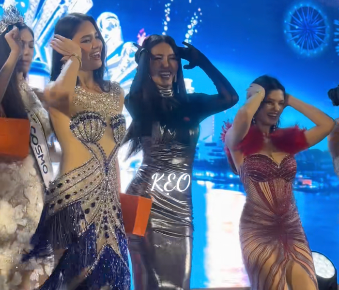 Hoa hậu Lào (ngoài cùng bên trái) gây ấn tượng với nụ cười tươi rói. Ảnh chụp màn hình