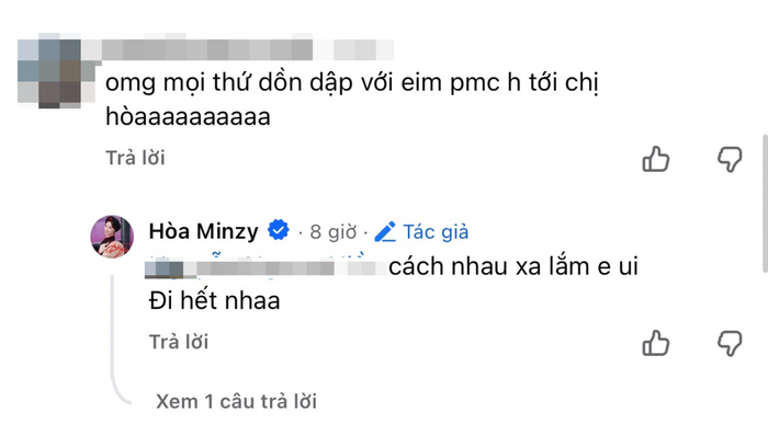 Phản ứng của Hòa Minzy khi khán giả nhắc đến Phương Mỹ Chi trong bài đăng thông báo 'ngày vui' của cô.&nbsp;